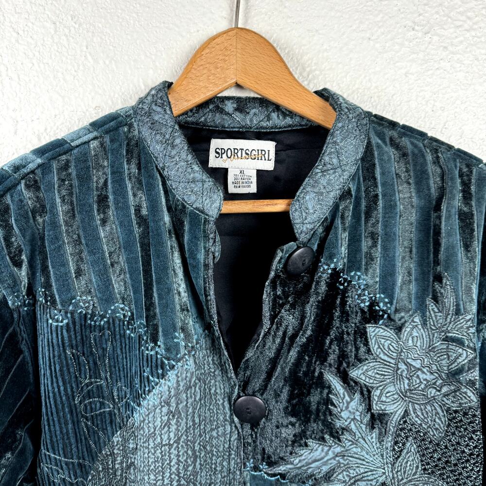Vintage Sportsgirl Jacket Size XL Blue Velvet Patchwork Button Up Floral Artsy - Picture 2 of 6